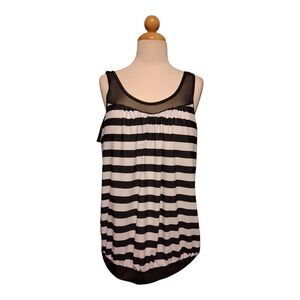 Black Striped Sleeveless Tankini Swimsuit with Sheer Neckline Women's Size XL